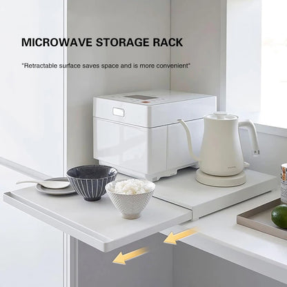 Microwave Storage Rack Bottom Retractable Bracket Drawer Oven Push Pull Divider Kitchen Cook Tray Table Plate Pot Holder