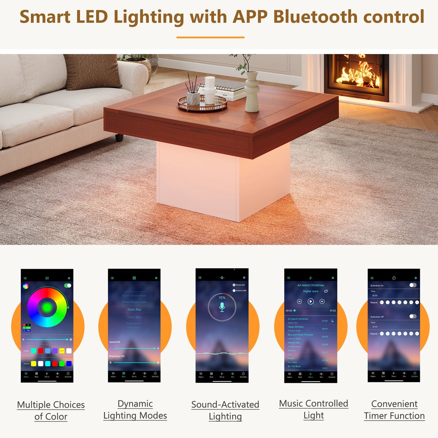 70W *70D*40H cm Coffee Table - Square Wooden Center Table, LED Lights, APP Control, Easy to Clean