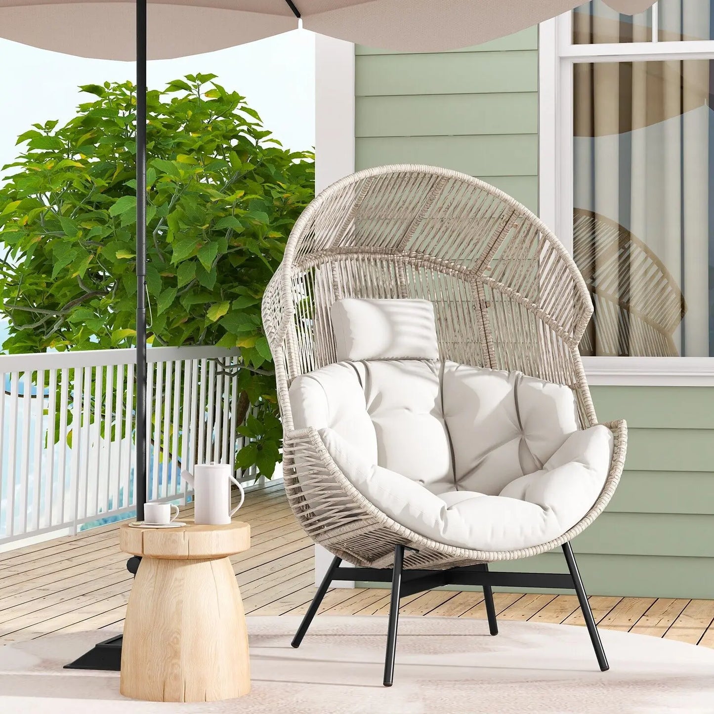GOFLAME Oversized Egg Style Chair Wicker Stationary Patio Egg Chair w/ Cushions