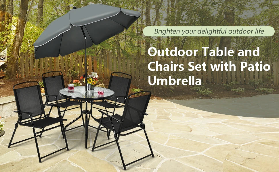 GOFLAME 6 Pieces Patio Table Set w/Adjustable Umbrella, 80 CM Round Table & 4 Folding Chairs Set