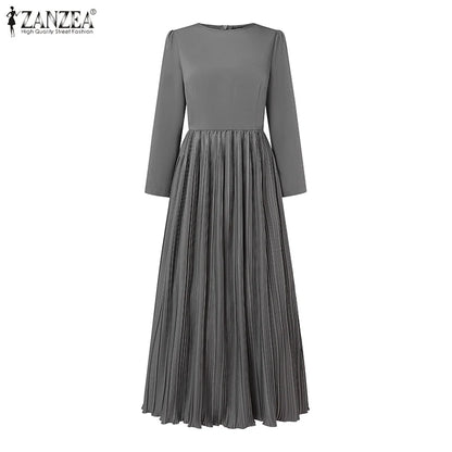 ZANZEA O Neck Plisse Maxi Dress Elegant High Waist Long Sleeve 2024 Fall Pleated Dress Women Commute Fashion A-line Vestidos