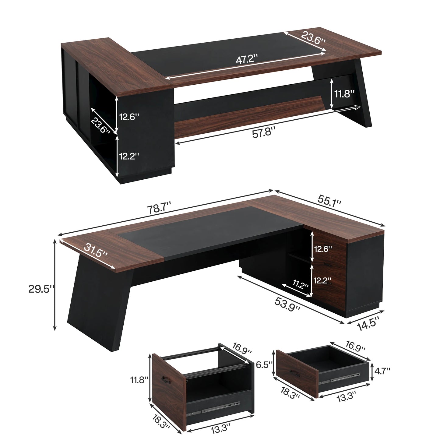78" L-Shaped Executive Desk Large Office Desk with Drawers and Lateral File Cabinet