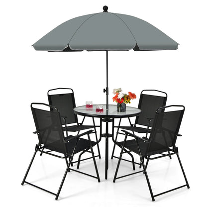GOFLAME 6 Pieces Patio Table Set w/Adjustable Umbrella, 80 CM Round Table & 4 Folding Chairs Set