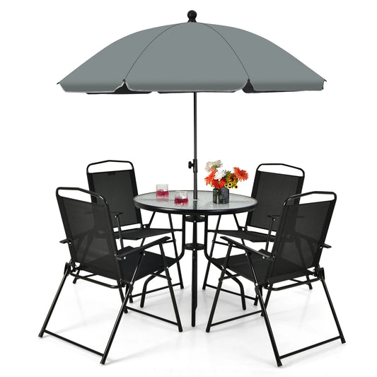 GOFLAME 6 Pieces Patio Table Set w/Adjustable Umbrella, 80 CM Round Table & 4 Folding Chairs Set