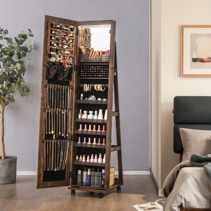 GOFLAME 360° Rotating Jewelry Armoire Full Length Mirrored Freestanding Makeup Cabinet