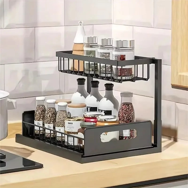 Under Sink Organizer Metal Pull Out Cabinet Organizer Spice Rack Kitchen Bathroom Organizers and Storage with Sliding Drawer