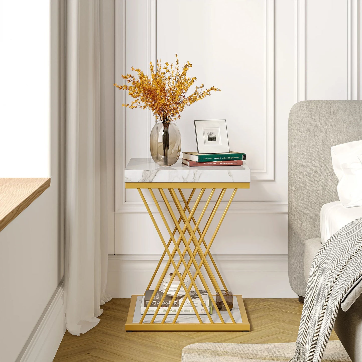 Square Side Table White Gold Side  Set of 2, 2-Tier End Table Modern Bedside Table Small Side