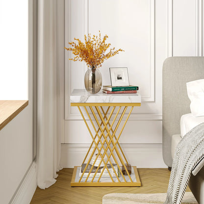 Square Side Table White Gold Side  Set of 2, 2-Tier End Table Modern Bedside Table Small Side