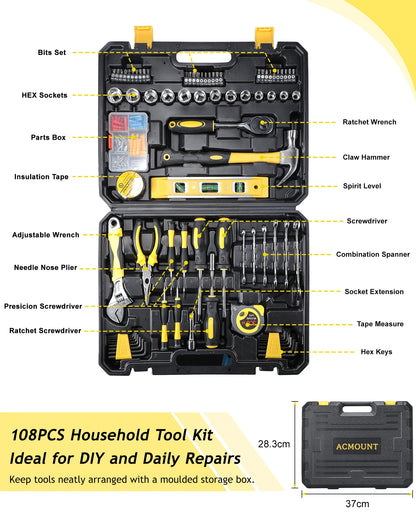 Acmount Tool Kit 140 Piece, Home Toolbox Diy Tool Set, Protable Complete Hand Home Tool Kit Set, Motorbike Car