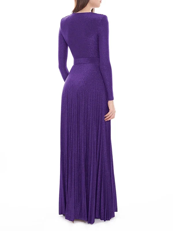 Tinaa Women Evening Dresses Belted Pleated Solid Color Split-side Long Sleeves Wrap V-neck Maxi Dresses for Ladies Party Dress