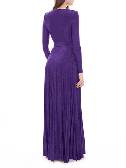 Tinaa Women Evening Dresses Belted Pleated Solid Color Split-side Long Sleeves Wrap V-neck Maxi Dresses for Ladies Party Dress