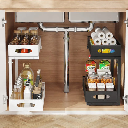 Under Sink Organizers and Storage, Adjustable 2 Tier Metal Pull out Cabinet Organizer for Bathroom, Kitchen, Pantry