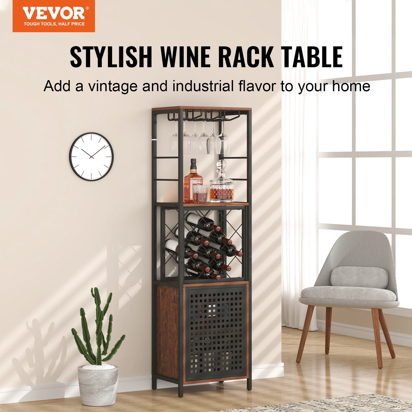 VEVOR Wine Bar Cabinet Wine Table for Liquor & Glasses Freestanding Farmhouse Wood Bar Cabinet Natural