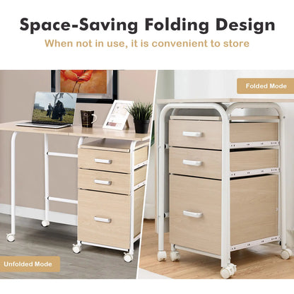 GOFLAME Folding Computer Desk Wheeled PC Laptop Table Writing Workstation with 3 Drawers
