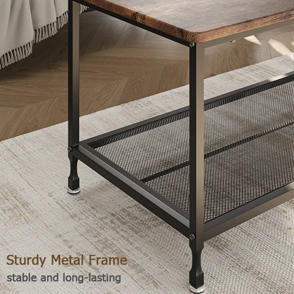 2-Tier Rustic Coffee Table Center Table with Mesh Shelf Rectangle Storage Cocktail Table Metal Frame for Living Room