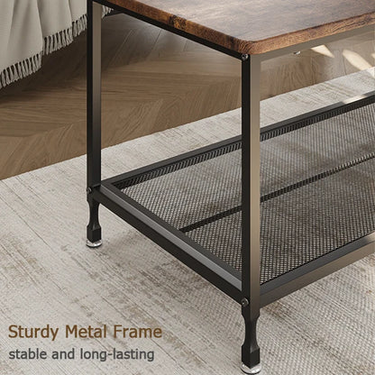 2-Tier Rustic Coffee Table Center Table with Mesh Shelf Rectangle Storage Cocktail Table Metal Frame for Living Room