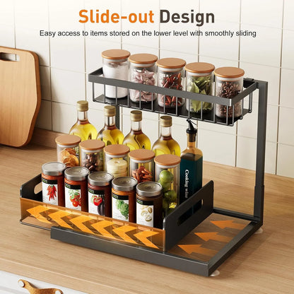 Under Sink Organizer Metal Pull Out Cabinet Organizer Spice Rack Kitchen Bathroom Organizers and Storage with Sliding Drawer