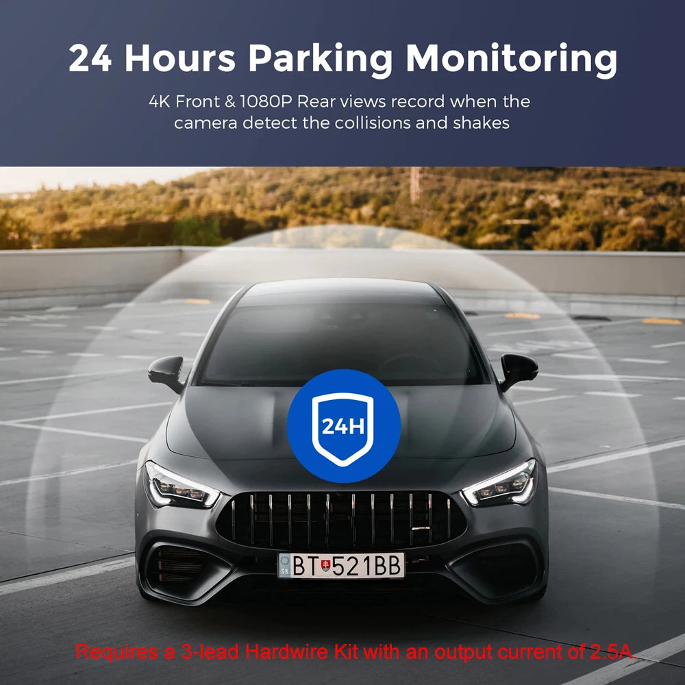 UHD 4K Dash Cam Dual Lens Driving Recorder Car DVR 1080P Rear Lens Camera Built-In WiFi GPS 24-Hour Parking Monitoring Black Box