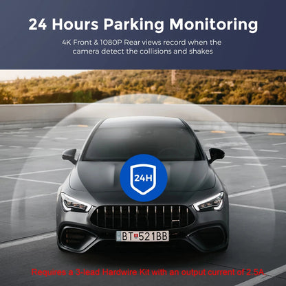 UHD 4K Dash Cam Dual Lens Driving Recorder Car DVR 1080P Rear Lens Camera Built-In WiFi GPS 24-Hour Parking Monitoring Black Box