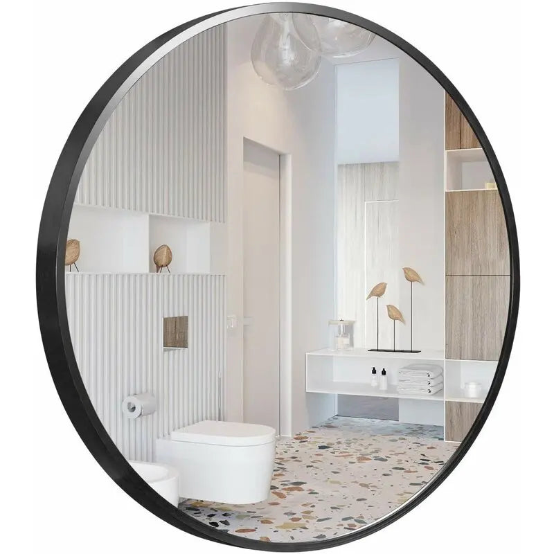 Modern Wall Mounted Slim Frame Round Mirror, Black 50cm