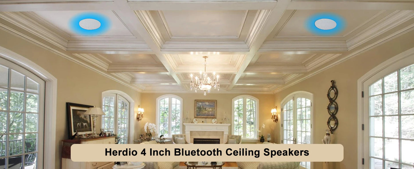 Herdio 4 Inch Flush Mount Two-way Stereo Ceiling Bluetooth Speaker For Indoor And Outdoor Placement In Bathroom Kitchen Bedroom