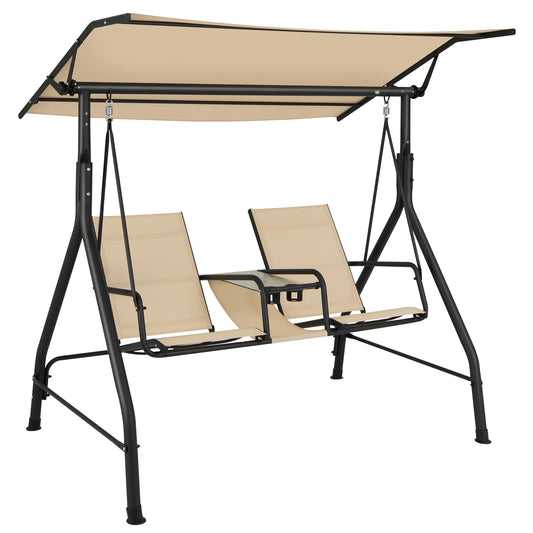 GOFLAME 2-seat Outdoor Patio Swing, Patio Loveseat Swing with Adjustable Canopy, Heavy-duty Steel Frame