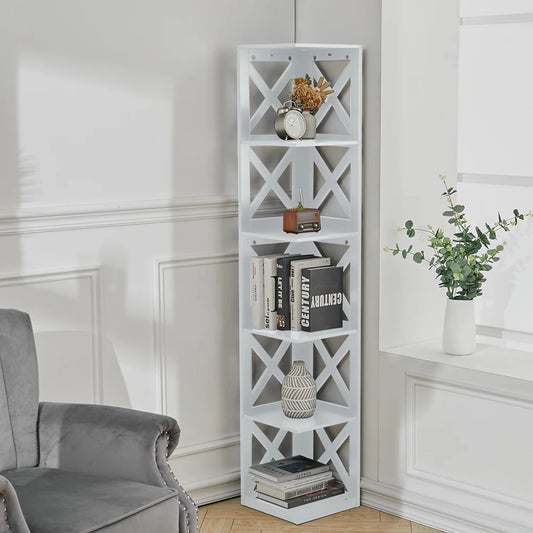 5 Tier Modern Wood Corner Standing Shelf for Living Room, White