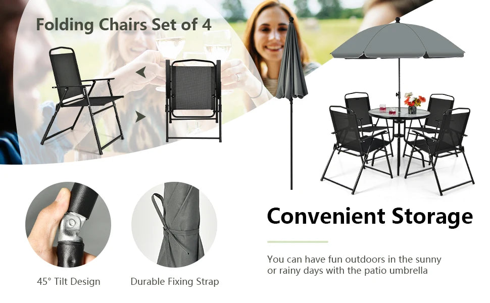 GOFLAME 6 Pieces Patio Table Set w/Adjustable Umbrella, 80 CM Round Table & 4 Folding Chairs Set