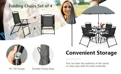 GOFLAME 6 Pieces Patio Table Set w/Adjustable Umbrella, 80 CM Round Table & 4 Folding Chairs Set
