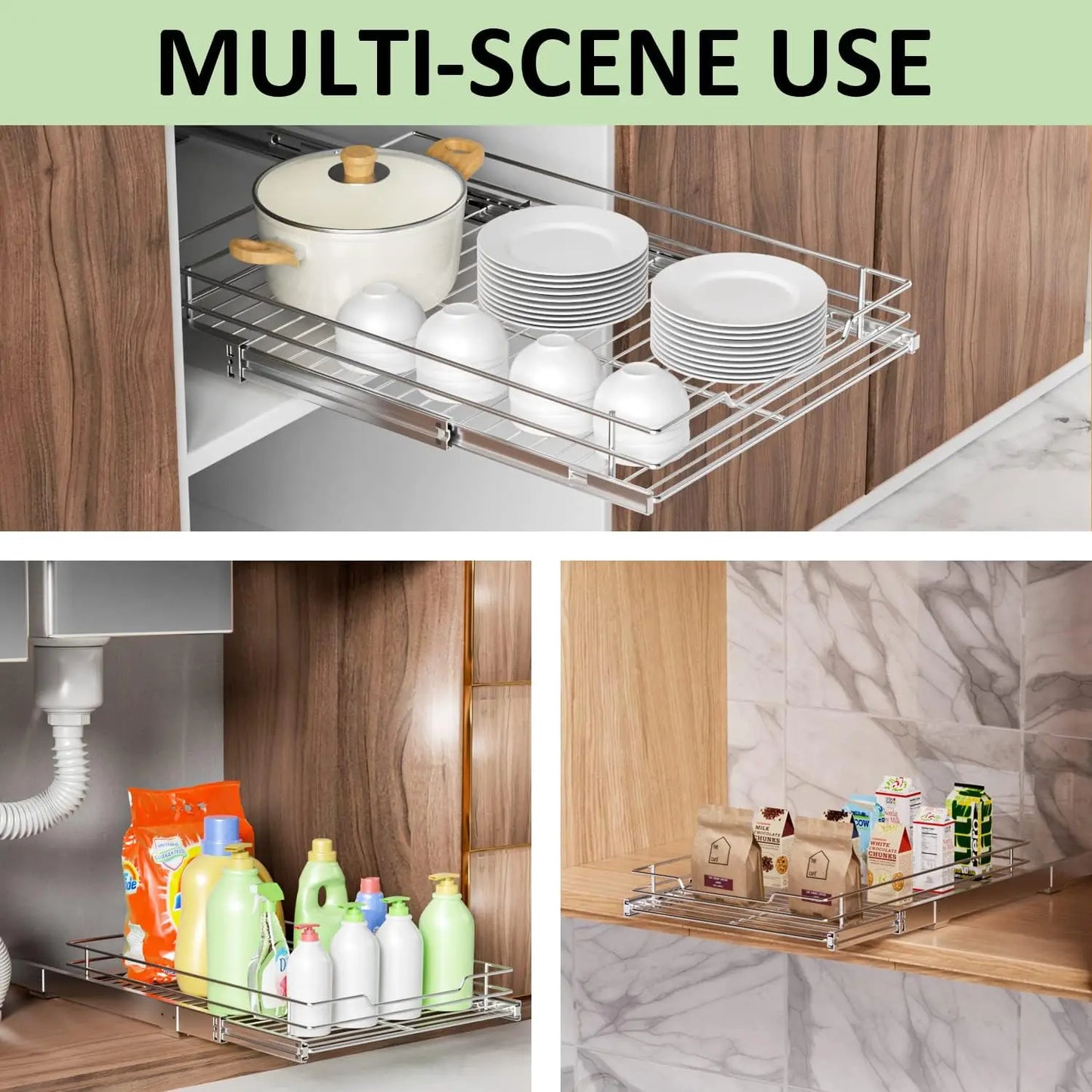 Pull Out Cabinet Organiser, Heavy Duty Slide Out Food Cupboard Shelf for Home, Kitchen, Bathroom, 14 inches W x 21 inches D