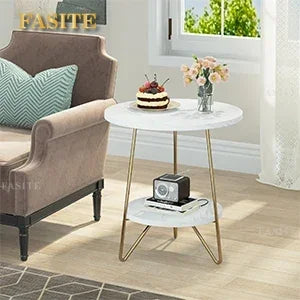 Tribesigns 2 Tier Faux Marble End Table Round Side Table with Shelves Small Coffee Accent Table for Living Room, White and Gold