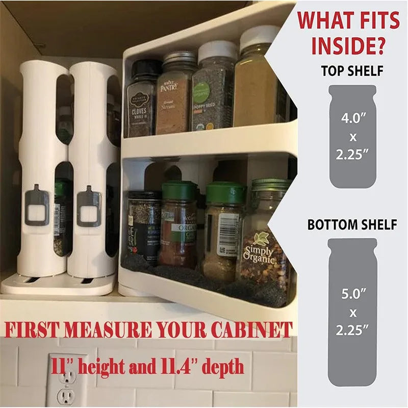Cabinet Caddy Sliding Spice Rack Organizer for Cabinet Pull & Rotate Kitchen Organizers and Storage 2 Double-Decker Shelves