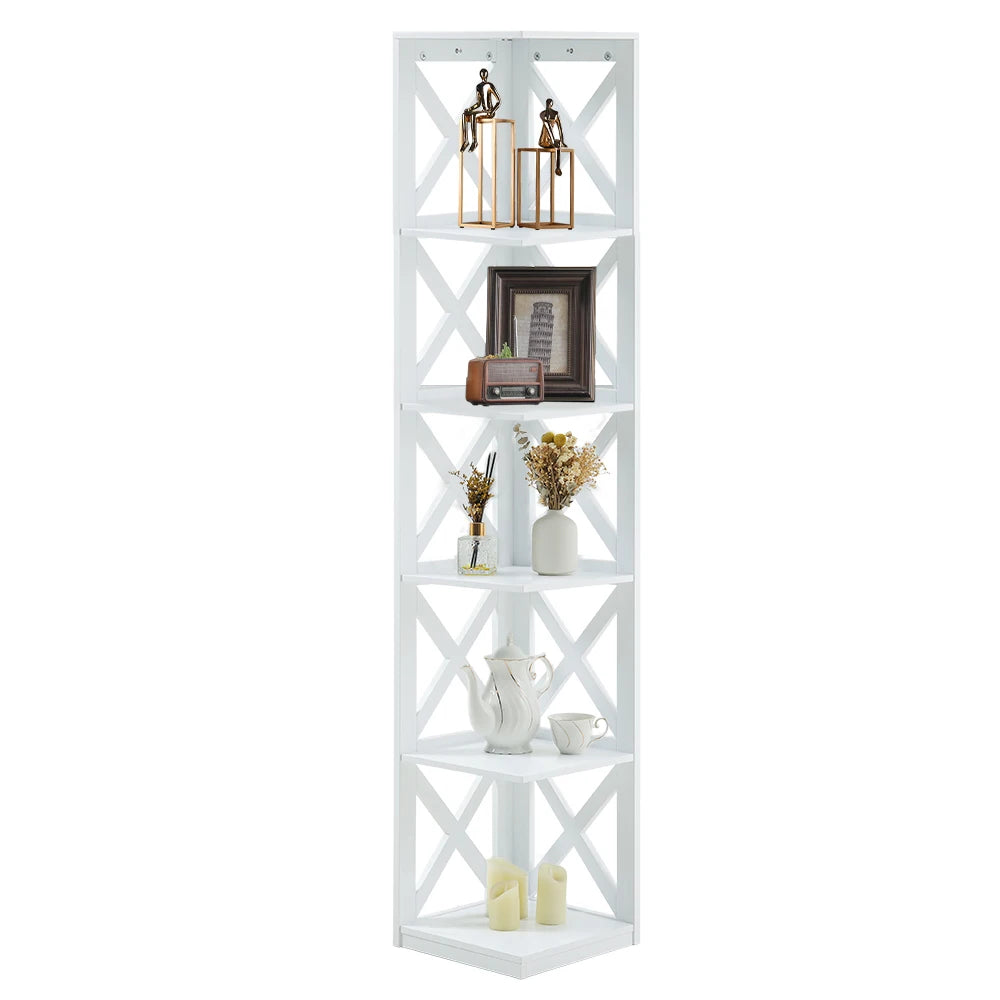 5 Tier Modern Wood Corner Standing Shelf for Living Room, White