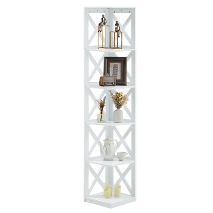 5 Tier Modern Wood Corner Standing Shelf for Living Room, White