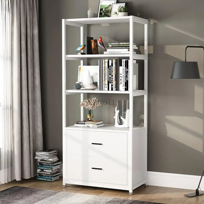Bookcase 4-Tier White Bookshelf with 2 Drawers Etagere Standard Book Shelves Display Shelf for Home Office