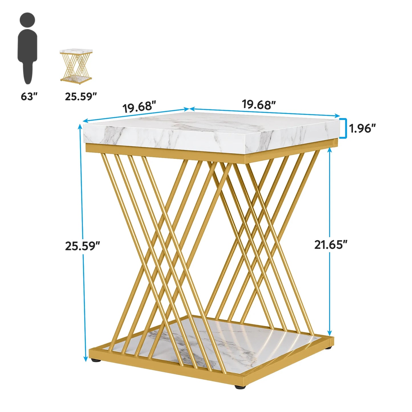 Square Side Table White Gold Side  Set of 2, 2-Tier End Table Modern Bedside Table Small Side