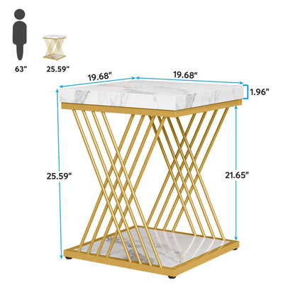 Square Side Table White Gold Side  Set of 2, 2-Tier End Table Modern Bedside Table Small Side