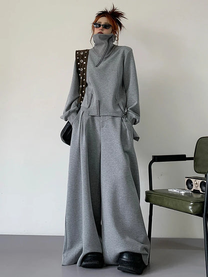 EAM Gray Irregular Zipper Spliced Sweatshirt New Stand Collar Long Sleeve Waist Women Fashion Tide Spring Autumn 2025 30A3036