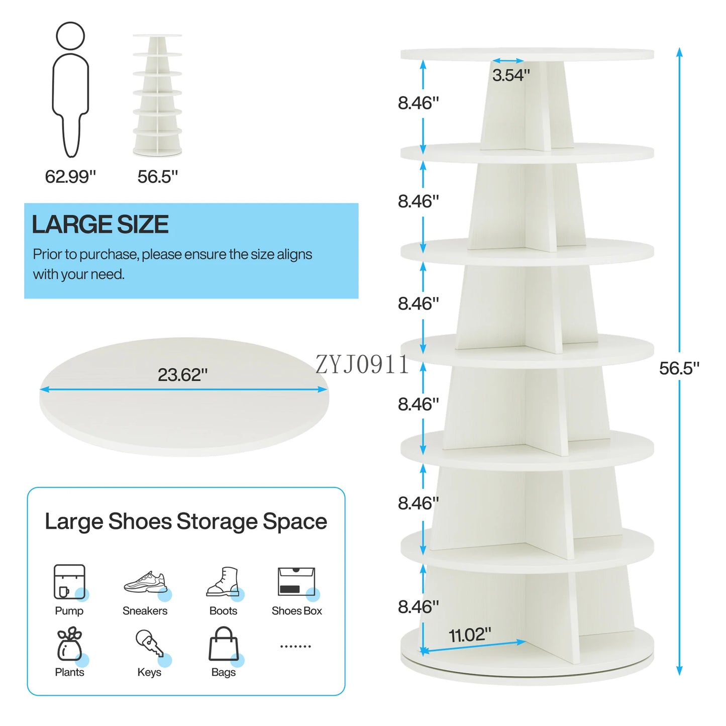 Rotating Shoe Rack, 7-Tier Revolving 24 Pairs Shoe Shelf Tower, Wood Space-Saving 360° Spinning Shoe Organizer