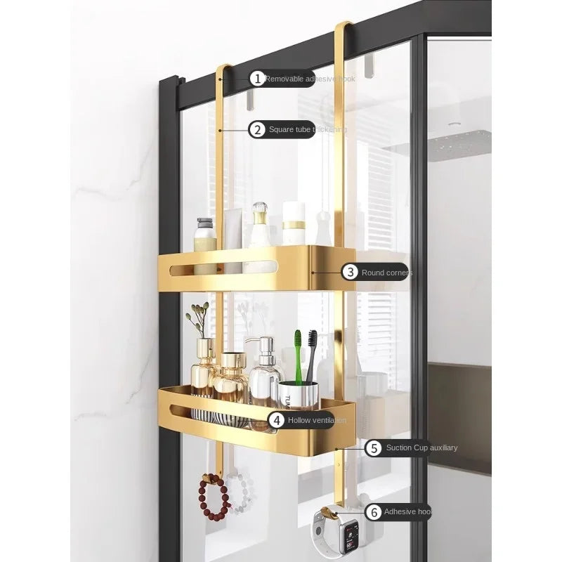 Pull Gold Shower Room Frame Large Capacity Bathroom Double Layer Hanging Basket Without Perforated Wall Hanging Receive Hook