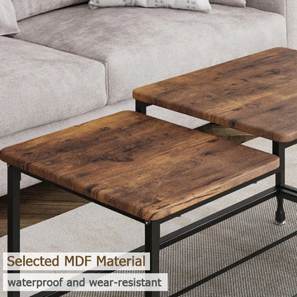 2-Tier Rustic Coffee Table Center Table with Mesh Shelf Rectangle Storage Cocktail Table Metal Frame for Living Room
