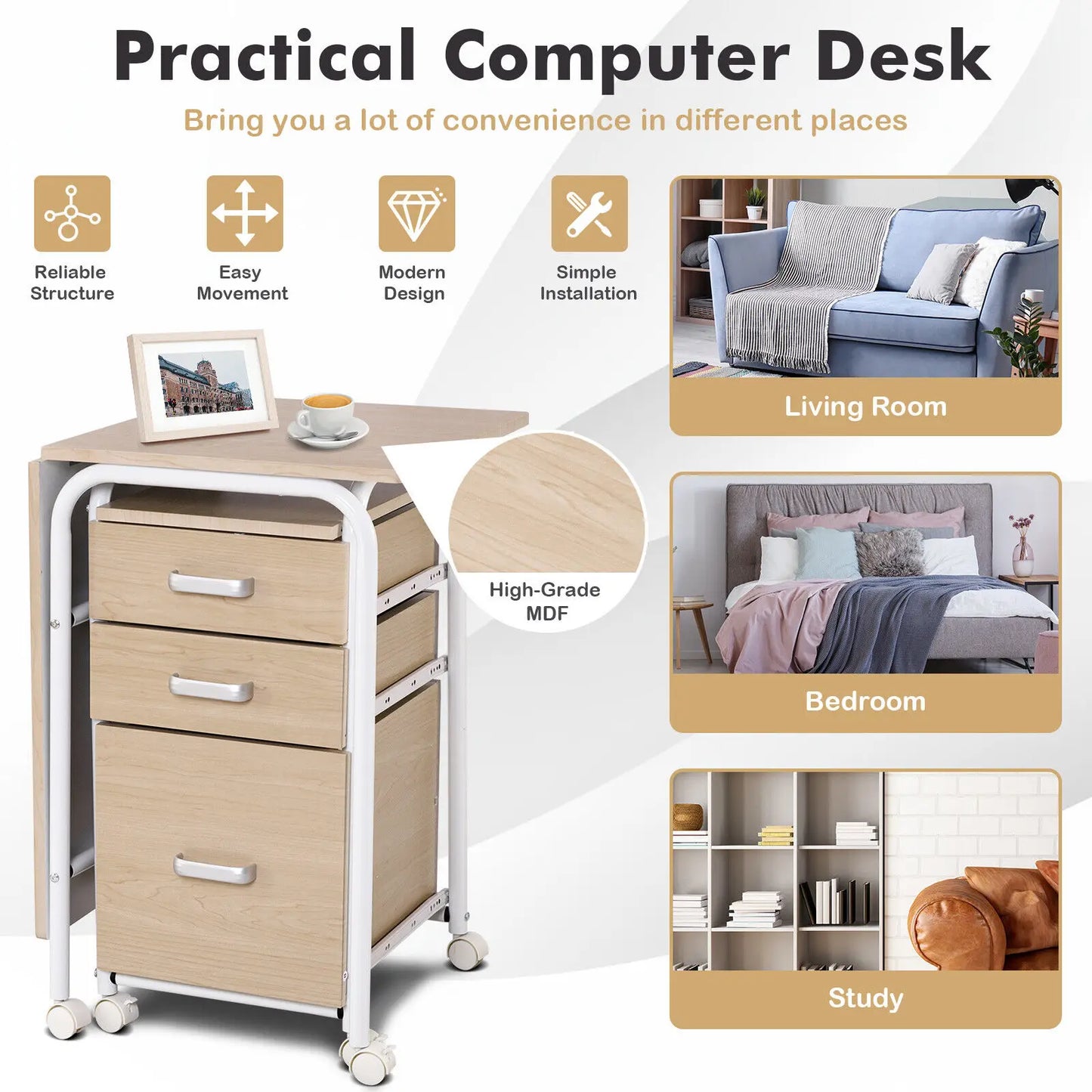 GOFLAME Folding Computer Desk Wheeled PC Laptop Table Writing Workstation with 3 Drawers