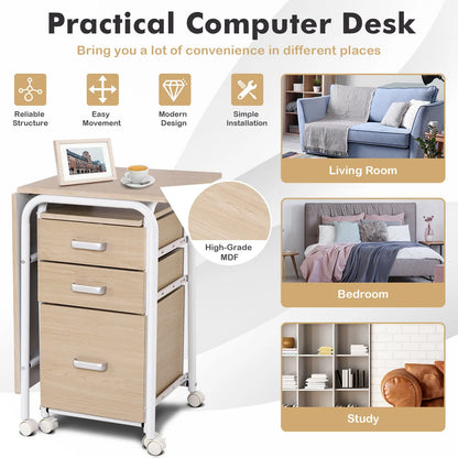 GOFLAME Folding Computer Desk Wheeled PC Laptop Table Writing Workstation with 3 Drawers