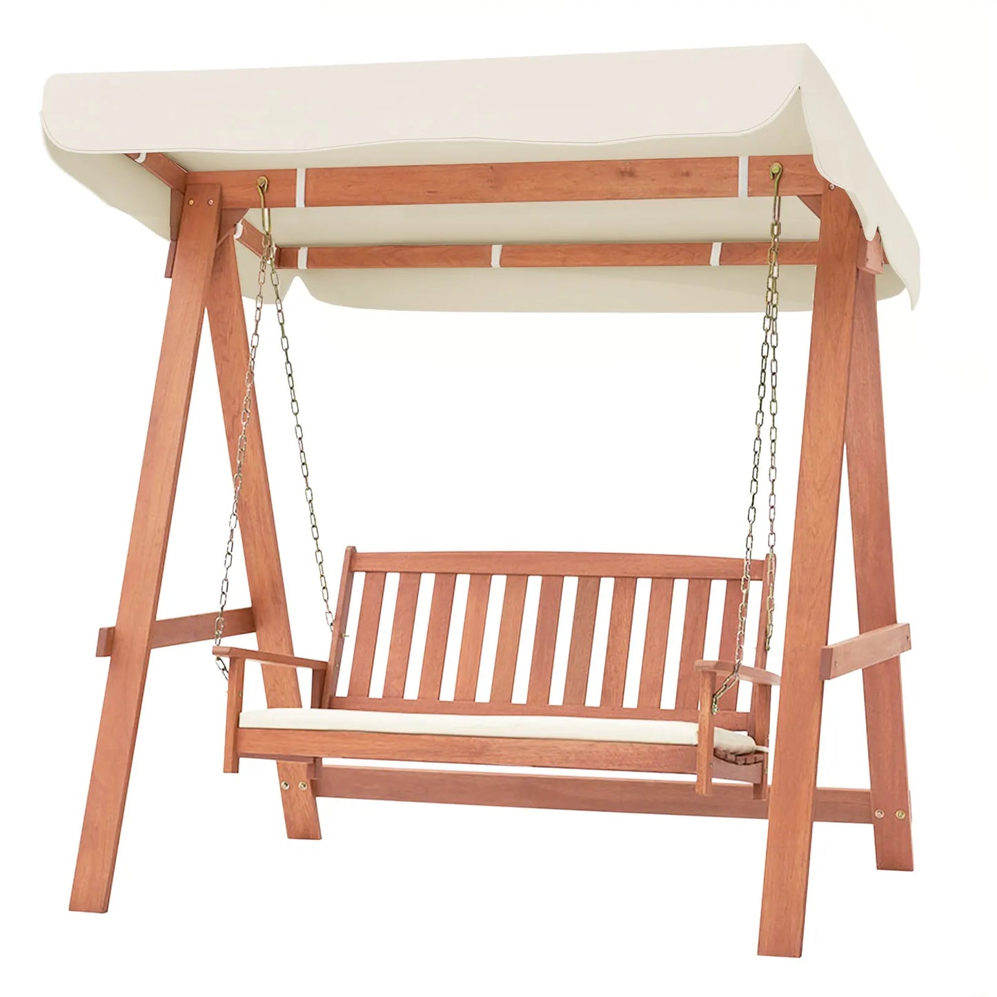 GOFLAME Wood Porch Swing w/ Canopy, Outdoor 2-Seat Swing Bench w/ A Frame, Sturdy Metal Hanging Chains