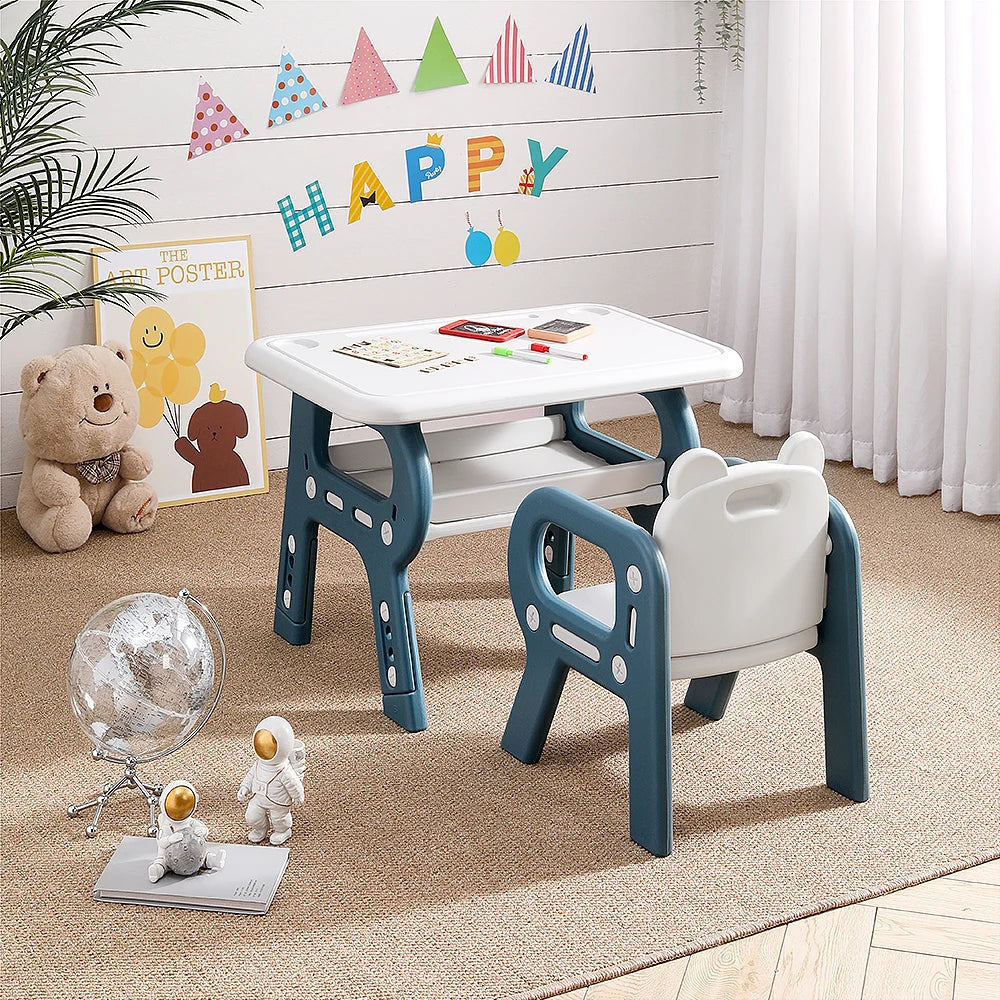 Kids Acticity Rounded Corners Desk Chair Set Height Adjustable with 3 Height Settings Recessed Cup Holer