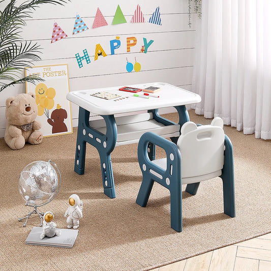 Kids Acticity Rounded Corners Desk Chair Set Height Adjustable with 3 Height Settings Recessed Cup Holer