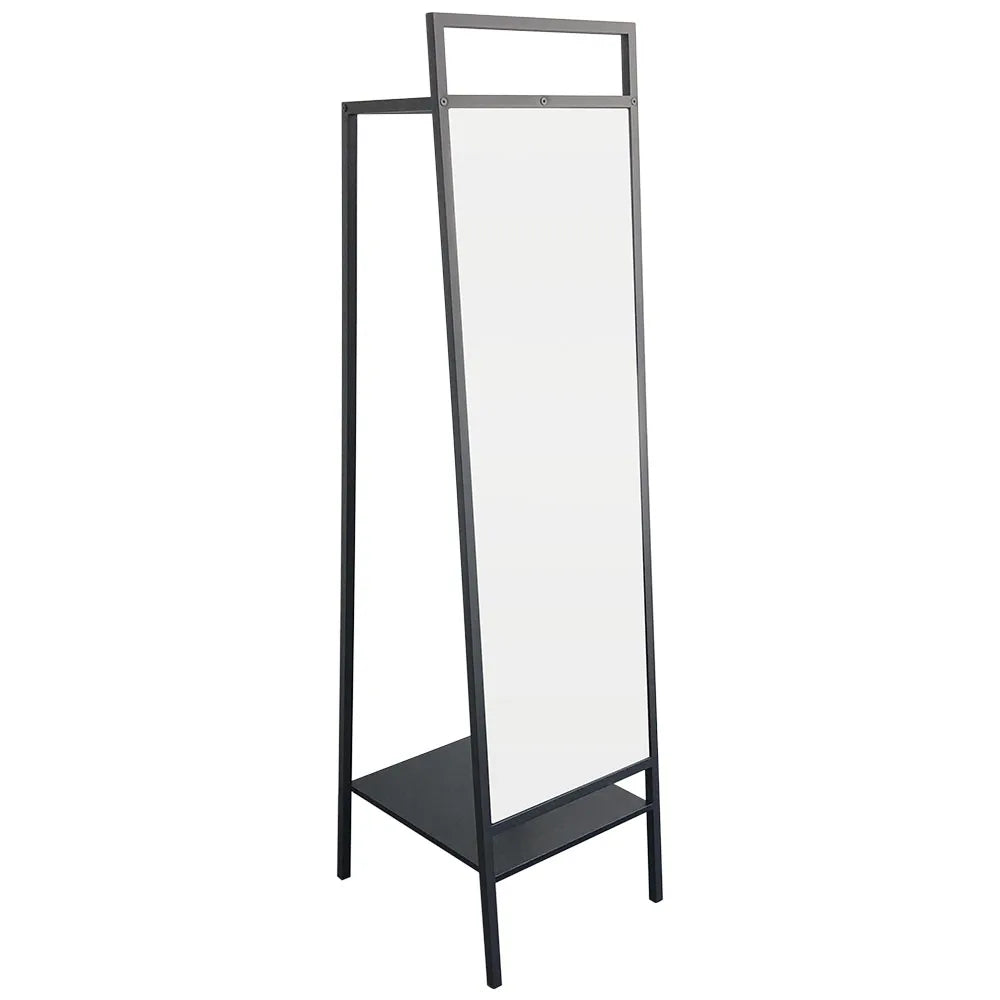 Black Metal Floor Mirror with Coat Rack For Bedroom Office 43cm W x 50cm D x 163cm H