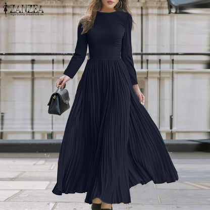 ZANZEA O Neck Plisse Maxi Dress Elegant High Waist Long Sleeve 2024 Fall Pleated Dress Women Commute Fashion A-line Vestidos