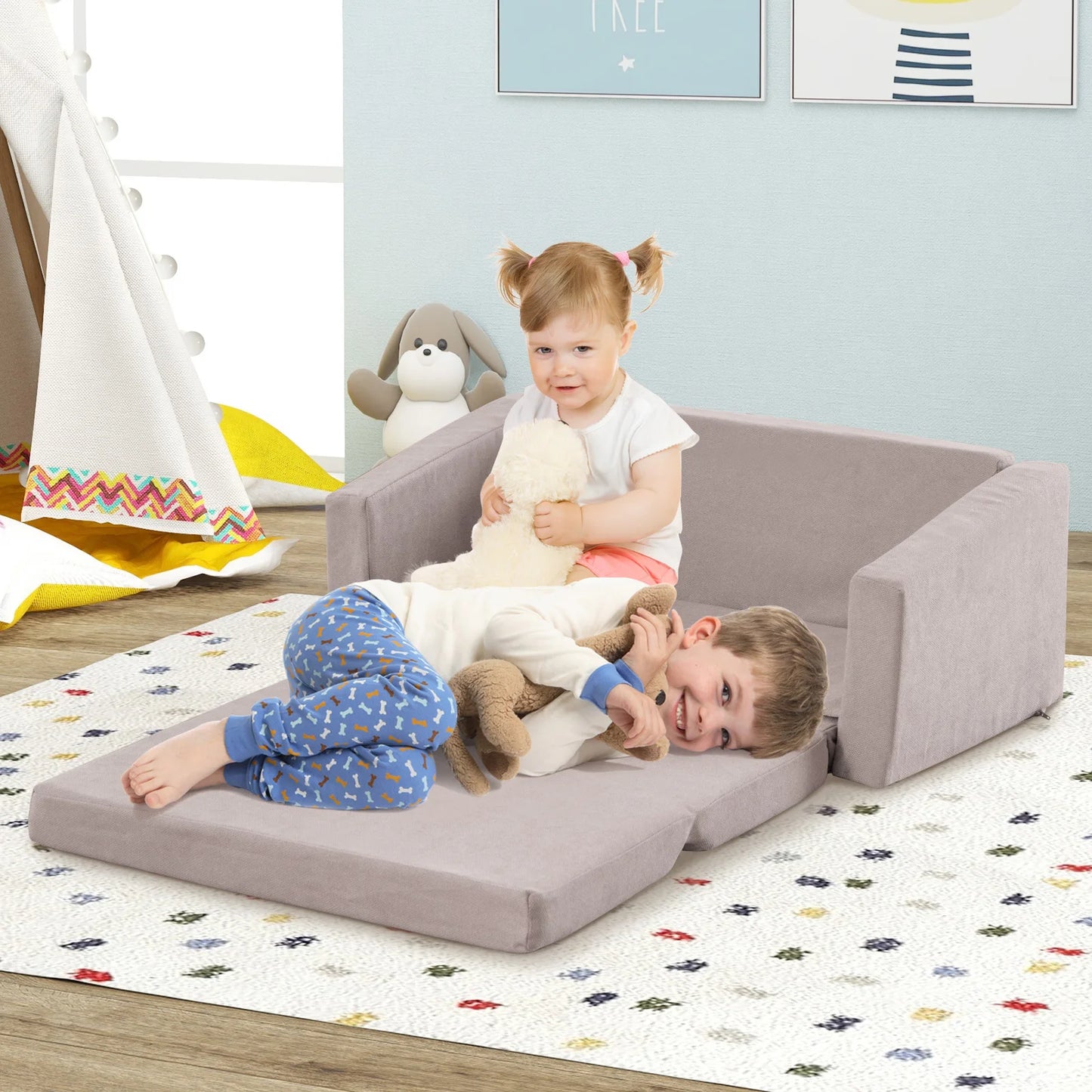 GOFLAME 2-in-1 Toddler Fold out Couch, Convertible Sofa to Lounger with Soft & Machine Washable Sofa Cover