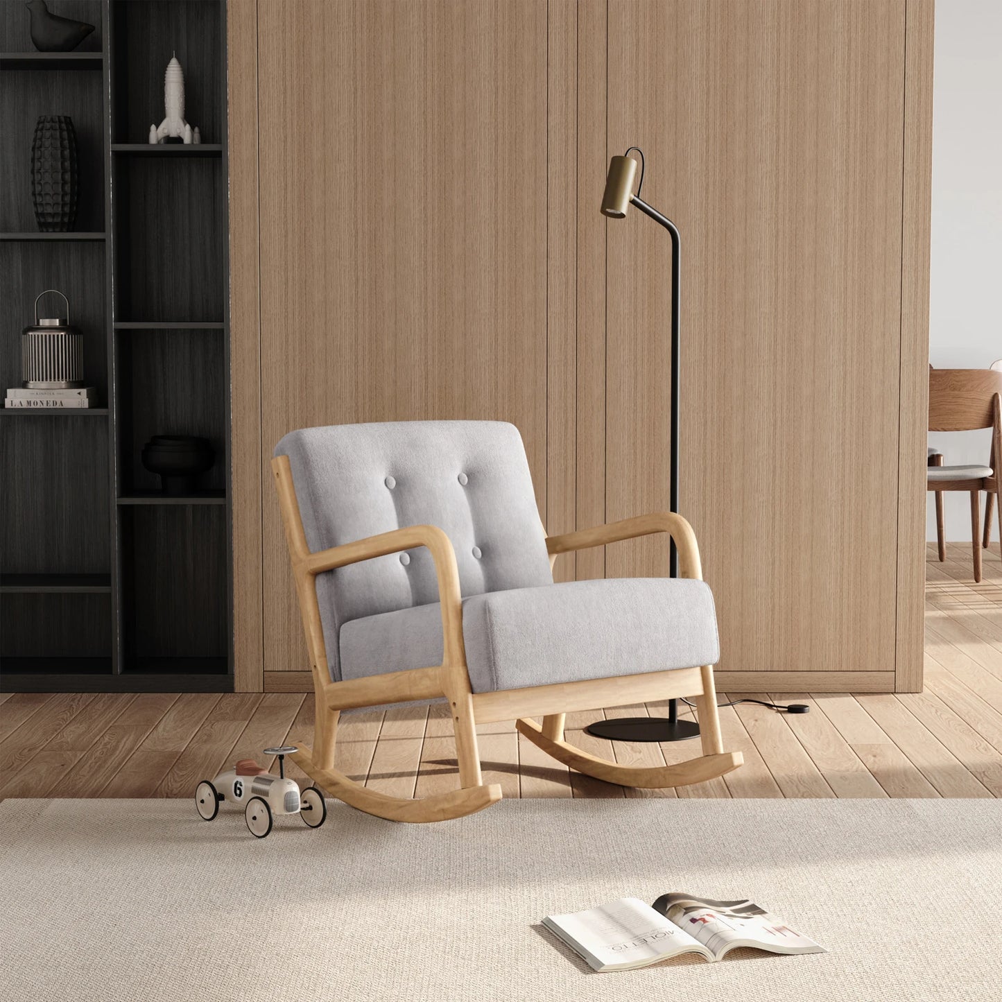 Grey Contemporary Linen Buttoned Rocking Chair Living Room Furniture Lounge Chair